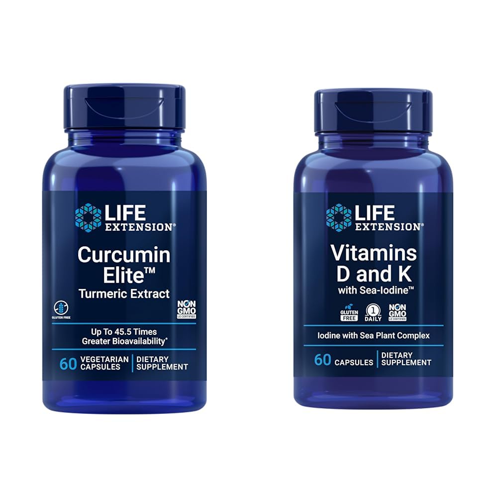 Elu pikendamine Curcumin Elite Kurkum ekstrakt, soodustab tervislikku põletikulist vastust ja vitamiine D ja K merejood, vitamiin D3, vitamiin K1 ja K2
