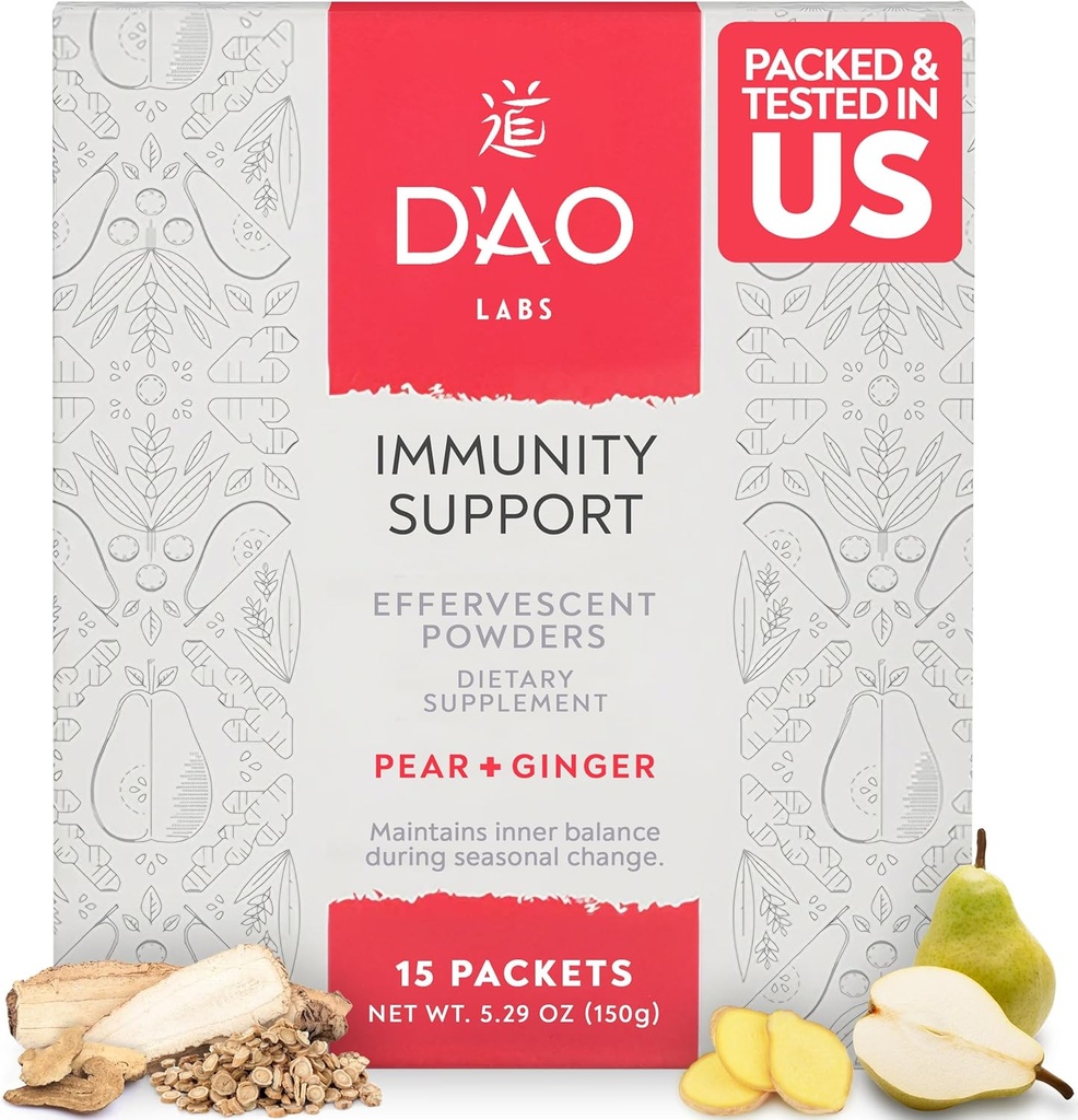 D'AO Labs Immunity Support - Immunity Boost - Effervescent Immunity Support Powder - Yu Ping Feng San Traditsiooniline Hiina Taimne - Effervescent Pulber Pear-Ginger Maitse - 15 Individuaalne Serving