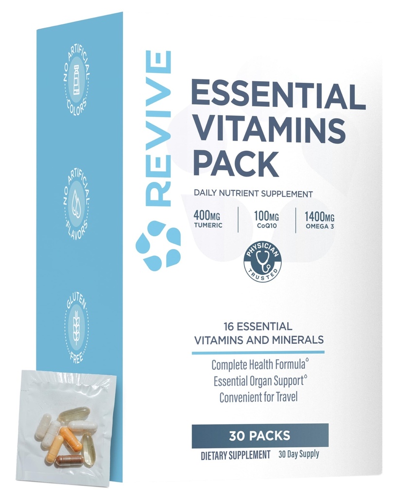 Revive MD Essential Vitamin Packs for Women & Men, Vitamiinid Pack Daily Nutrition Supplement - Travel-Friendly Multivitamiini paketid Arjuna & Turmeric Extract Support Heart, Joint, & Organ Health