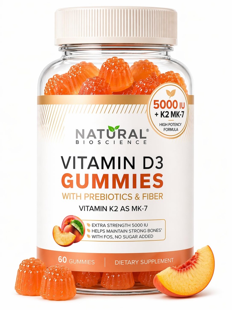 Suhkruvaba Vitamiin D3 K2 Gummies - Vitamiin D3 Gummies 5000 IU + K2 MK7 80 mcg, K2 D3 Vitamiinilisandi Täiskasvanud, Vitamiin D K2 Luud, Immuun, süda, meeleolu, Gluteenivaba, Non-GMO, Natural Virsikumaitse