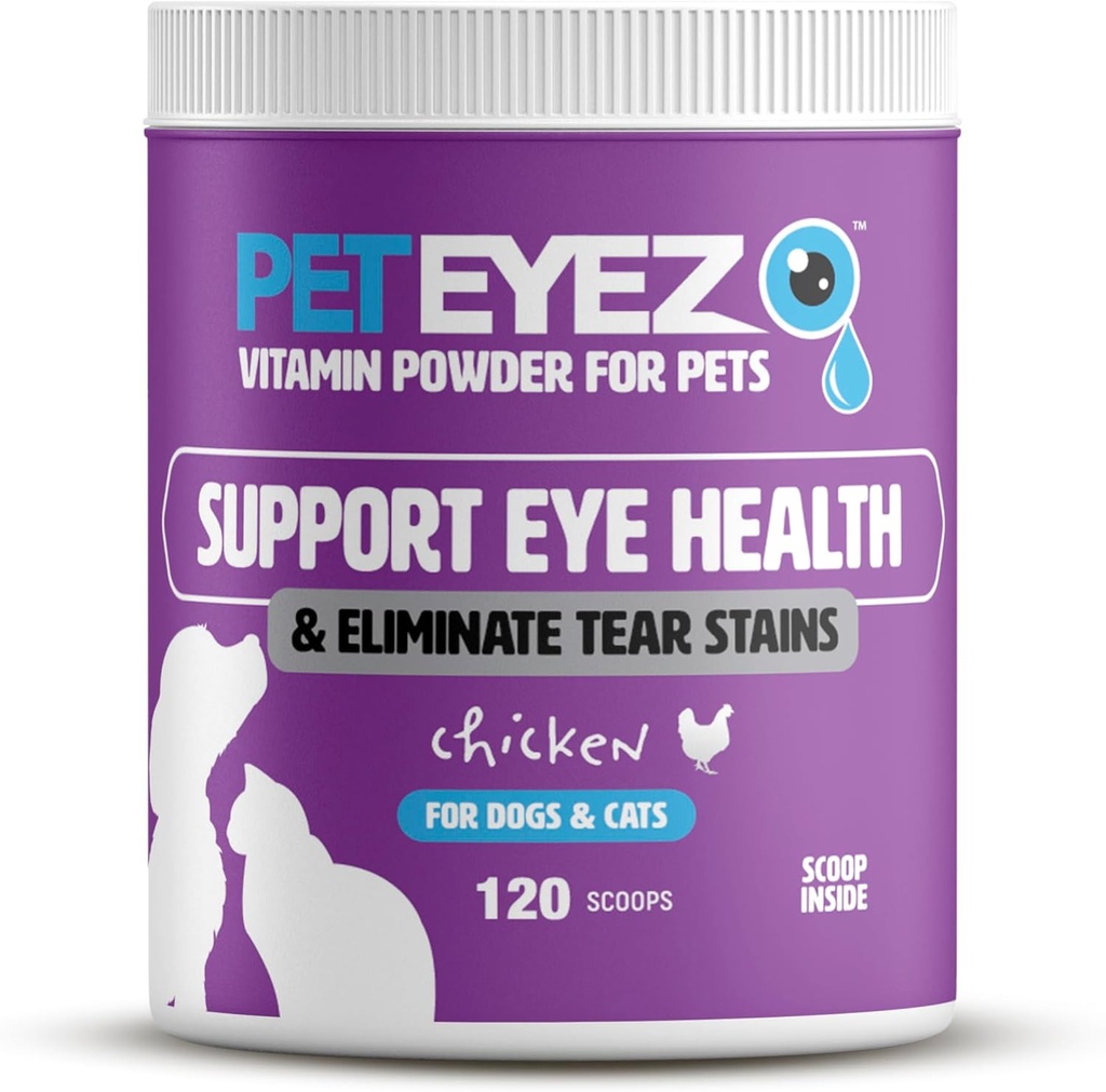 Lemmikloomade Eyez Vitamiinpulber lemmikloomadele - toetab silmade tervist ja vähendab pisarate pleki kogunemist - 100% looduslikku toitu koertele ja kassidele, kellel on supertoidud, antioksüdandid ja toitained - kana maitse - 120 Scoops