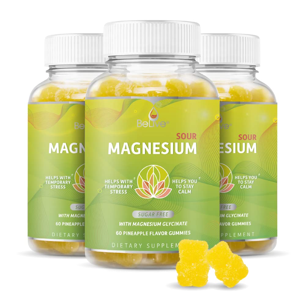 BeLive Magnesium Gummies 200mg - 60 Ct | Magneesiumglütsinaadi toidulisandid lõõgastumiseks, stressi leevendamiseks ja uneks täiskasvanutele ja lastele - maitsev ja tangy ananassimaitse (3)