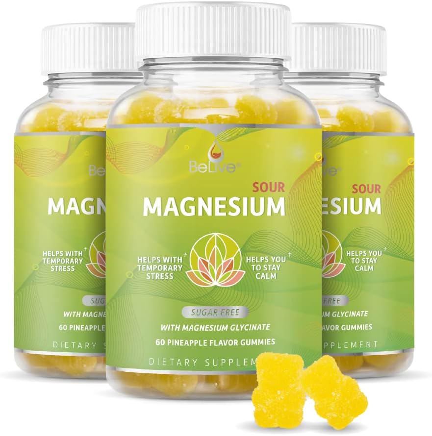 BeLive Magnesium Gummies 200mg - 60 Ct | Magneesiumglütsinaadi toidulisandid lõõgastumiseks, stressi leevendamiseks ja uneks täiskasvanutele ja lastele - maitsev ja tangy ananassimaitse (3)