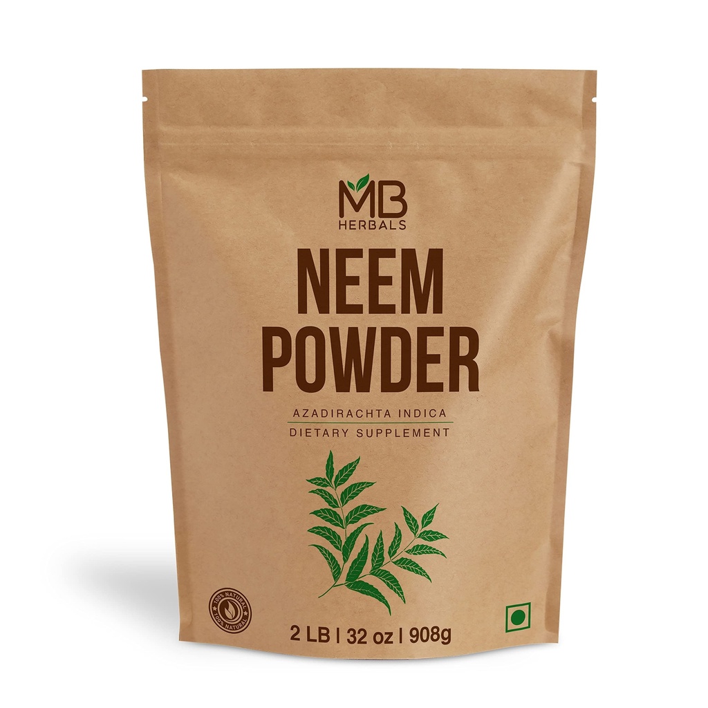 MB Taimed Puhas Neem Pulber 2 lb | 32 oz | 908 Gram | 100% Pure Wild-Crafted Neem Leaf Powder | Very Bitter Neem Supplement for Naha juuksed & Detox | Azadirachta Indica