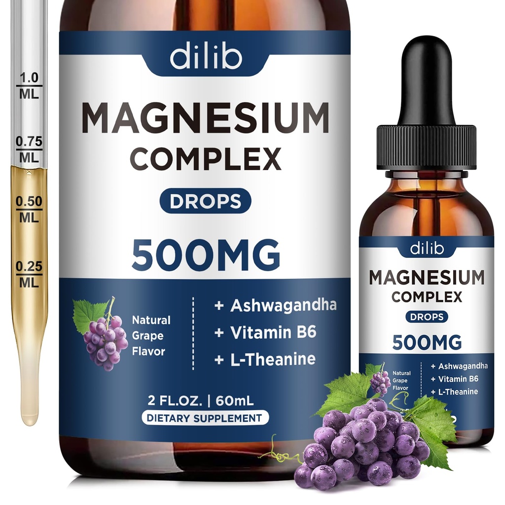 Magneesiumglütsinaat Vedelad tilgad, magneesiumglütsinaadi lisa 500mg tsitraadiga, malaat, ashwagandha, L-Theanine, vitamiin B6 une, stressi leevendamiseks, luu, lihased, meeleolu, viinamarjamaitse 2 Fl Oz