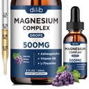 Magneesiumglütsinaat Vedelad tilgad, magneesiumglütsinaadi lisa 500mg tsitraadiga, malaat, ashwagandha, L-Theanine, vitamiin B6 une, stressi leevendamiseks, luu, lihased, meeleolu, viinamarjamaitse 2 Fl Oz