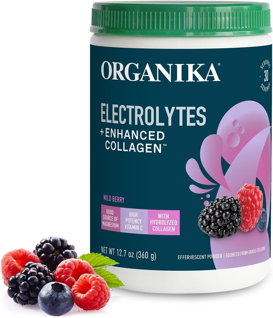 Organikа elektrolüüdid täiustatud kollageeni pulbriga naistele ja meestele - 13 oz - Wild Berry-maitseline kihisev elektrolüüt ja kollageenijoogi segu - sügav hüdraat, liikuvus, nahk, juuksed ja küüned