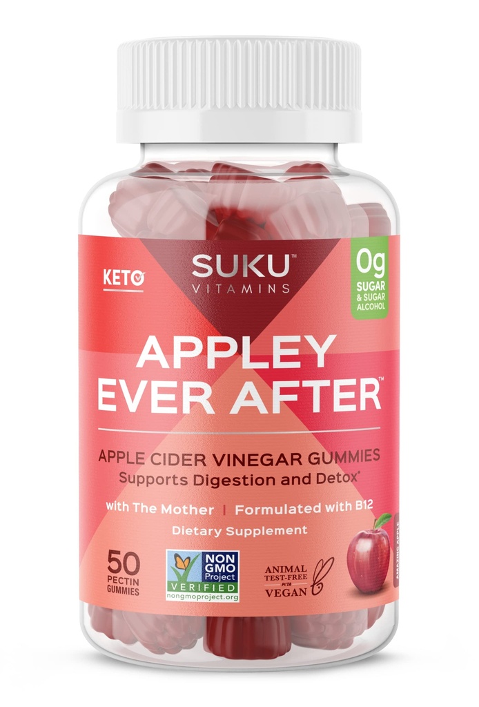 SUKU Appley Ever After Gummies – Õunasiidri äädikas metüülitud B12 ja folaadiga – Suhkruvaba, Gluteenivaba, Vegan Detox & Energiatoetus – Hämmastav Õunamaitse – 50 krahv