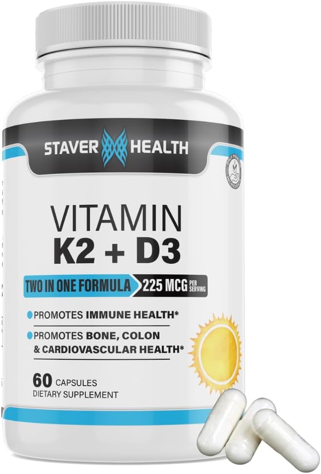 Vitamiin K2 D3 w/kaltsium ja bioperiin, vitamiin K2 (MK7) koos D3 lisandiga Mitte-GMO, vitamiin D3, vitamiin K2 MK-7 Kergesti neelatav D- ja K-vitamiini kompleks, 60 kapslit