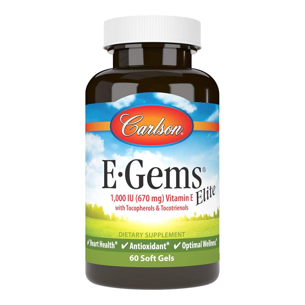 Carlson - E-Gems Elite, 1000 IU (670 mg) E-vitamiin koos tokoferoolide ja tokotrienoolidega, optimaalne heaolu, 60 Softgels