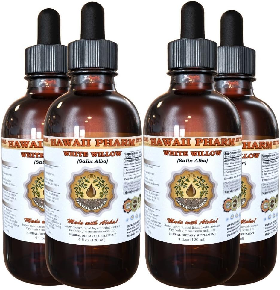 White Willow Liquid Extract, Organic White Willow (Salix Alba) Dried Bark Tinkcture, Herbal Supplement, Hawaii Pharm, Made in USA, 4x4 fl.oz