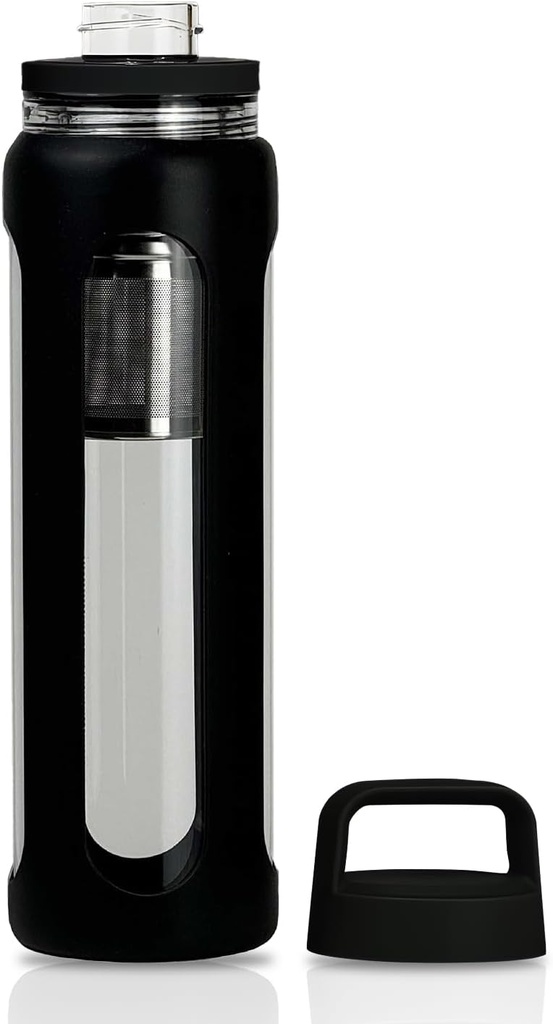 20oz Klaasist veepudel silikooni varrukaga, 600 ml Mug 2 Tier Lid (lai suu ja väike suu sirge joomine) koos tee lekkimise pudeliga - jõusaali jooga välitegevus (must)