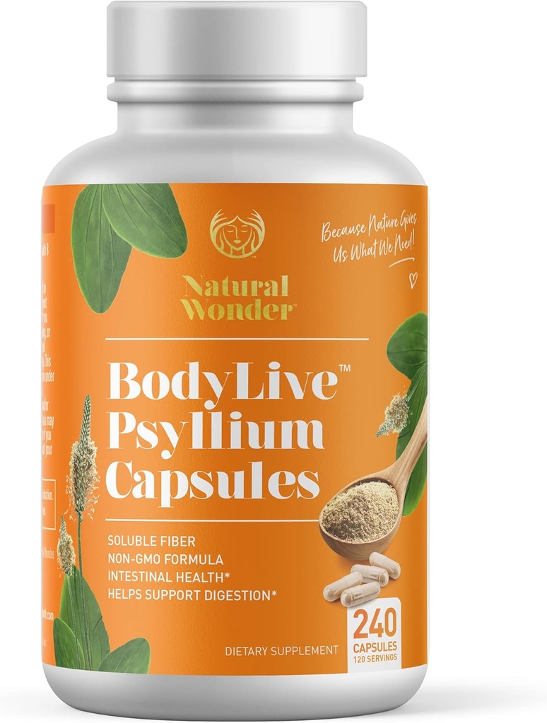 BodyLive Psyllium Husk Fiber Kapsel Mitte-GMO 725mg, 240 Kapslit (1450mg / serveerimine, 120 Servings) Täiendus Colon Cleanse, Regularity, Tervislik seedimine, Prebiootikum, Laksatiivne, Südame Tervis