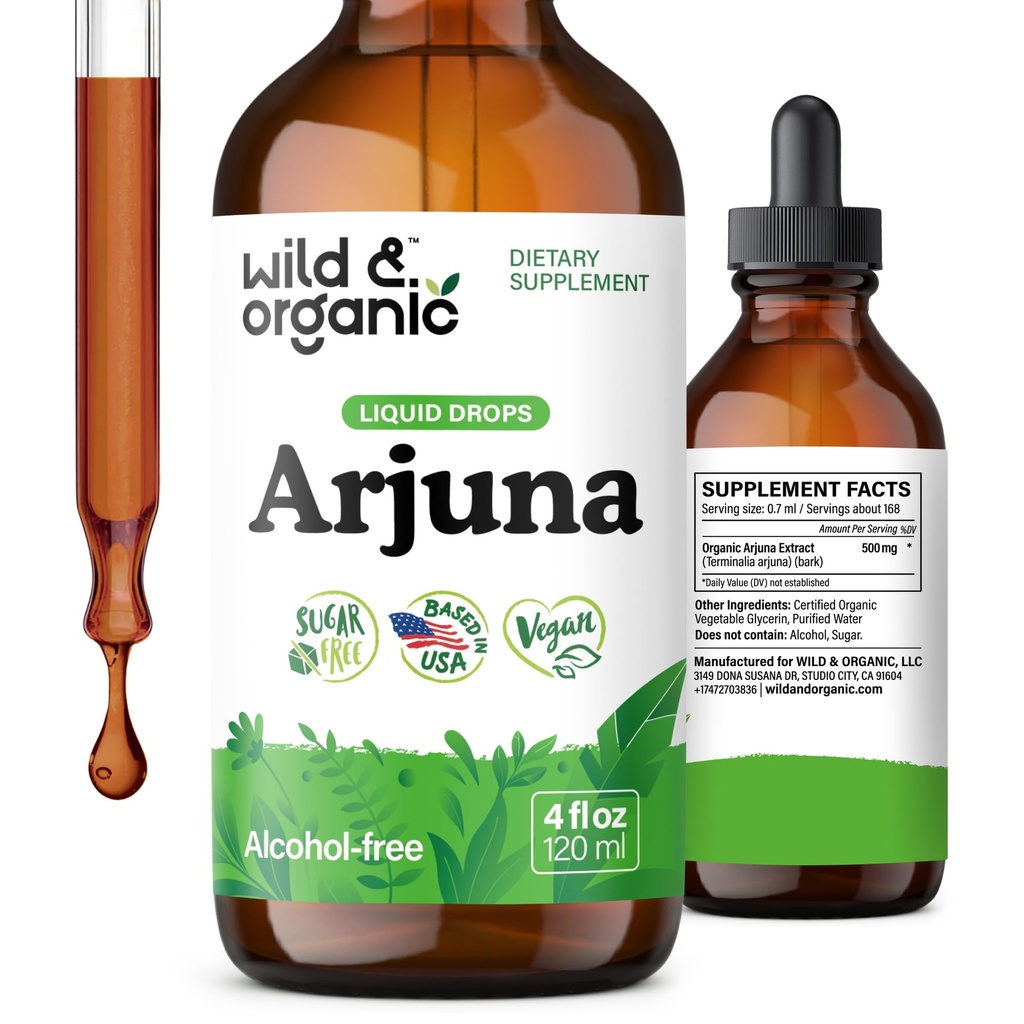 Metsik ja orgaaniline Arjuna kooretinktuur - üldine heaolu täiendus - alkoholivabad vedelikutilgad - Terminalia Arjuna koore ekstrakt - suhkrut ja lisaaineid ei ole, GMO - 4 fl oz