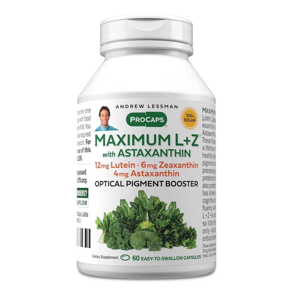 ANDREW LESSMAN Maksimaalne L + Z astaksantiiniga 60 Softgels - 12 mg luteiini, 6 mg Zeaksantiini, 4 mg astaksantiini. Peamised toitained silmade ja aju tervise toetamiseks ning tervisliku nägemise edendamiseks.