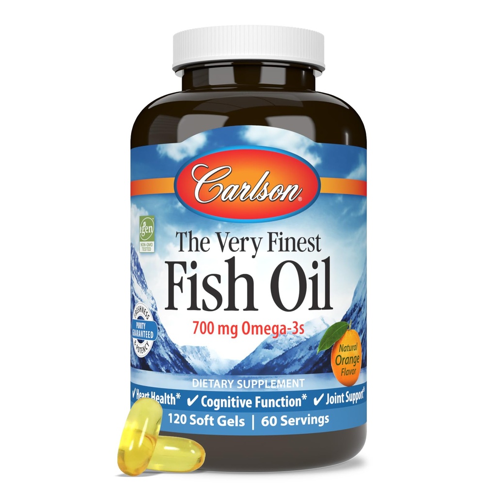 Carlson - The Very Finest Fish Oil, 700 mg Omega-3s, Norra Fish Oil Supplement, Wild Caught Omega 3 Fish Oil, Jätkusuutlikult Allikas Fish Oil kapslid, Omega 3 Supplement, Orange, 120 Softgels