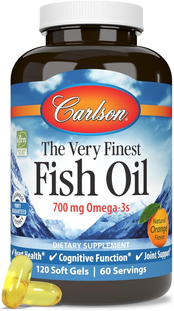 Carlson - The Very Finest Fish Oil, 700 mg Omega-3s, Norra Fish Oil Supplement, Wild Caught Omega 3 Fish Oil, Jätkusuutlikult Allikas Fish Oil kapslid, Omega 3 Supplement, Orange, 120 Softgels