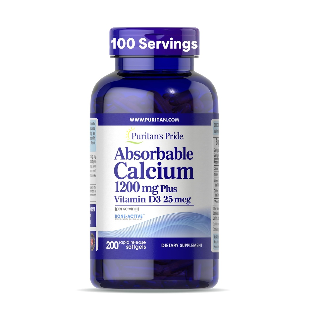 Puritan's Pride Absorbable Calcium 1200 mg Plus Vitamiin D3 25mcg 1000 RÜ koos Bone-ActiveTM, 200 Rapid Release Softgels