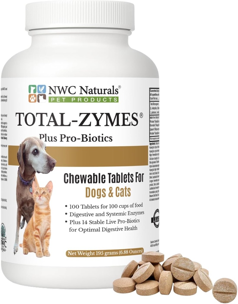 NWC Naturals Total-Zymes Plus Vegetarian seedeensüümid koertele ja kassidele, toetab tervislikku seedetrakti ja immuunsüsteemi, täiustatud probiootikume ja prebiootikume - 100 närimistabletti