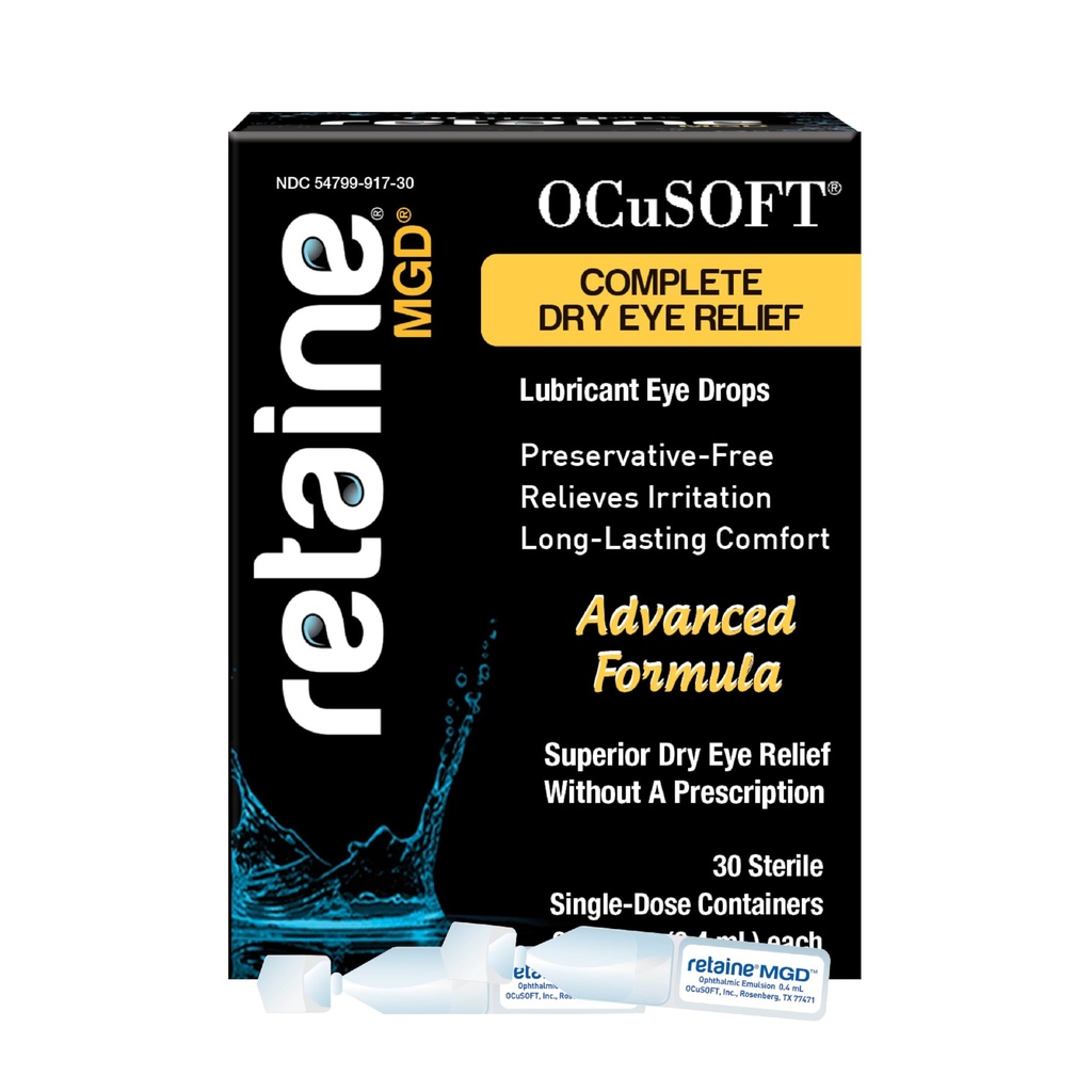 OCuSOFT Retaine MGD Oftalmiline emulsioon - Täielik kuiva silma leevendus - Soojendab punaseid ja ärritunud silmi - 30 säilitusaineteta ühekordse kasutusega konteinerit - 0, 01 Fl Oz
