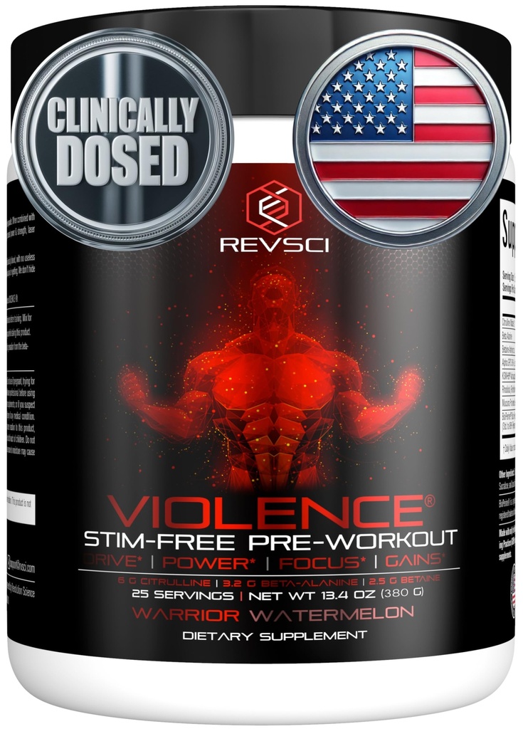 VIOLENCE Stim Free Pre Workout Powder poolt REVSCI, Precision Dosed Non Stim Preworkout Pump Pre Treening Kofeiin Tasuta Pre Treening Pulber, Pump Supplement & Stimulant Free Nitric, Arbuus, 25 Servings