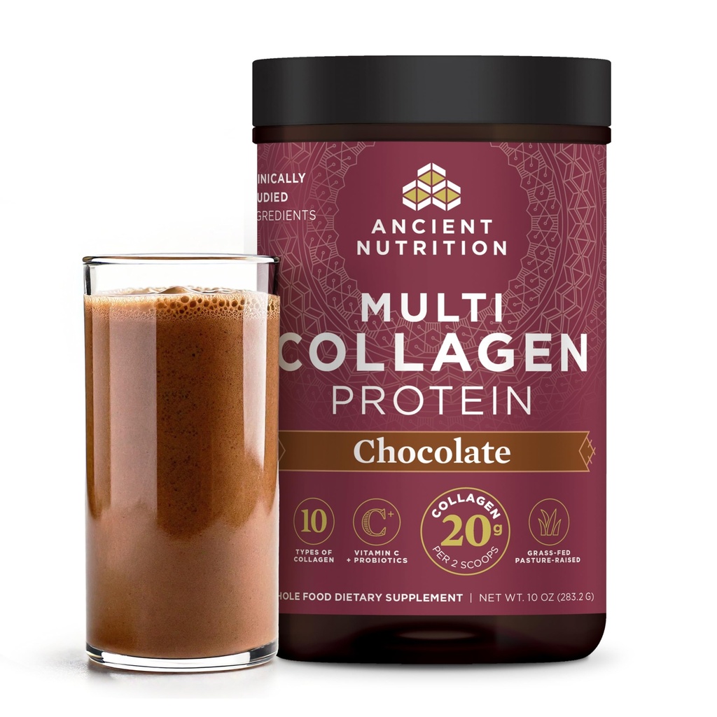 Ancient Nutrition Kollageen Peptiidid Pulber, Multi kollageeni valk, naised ja mehed, C-vitamiin, probiootikumid, hüdrolüüsitud kollageen, toetab nahka, liigeseid, soolestiku tervist, šokolaadi, 24 serveerimist