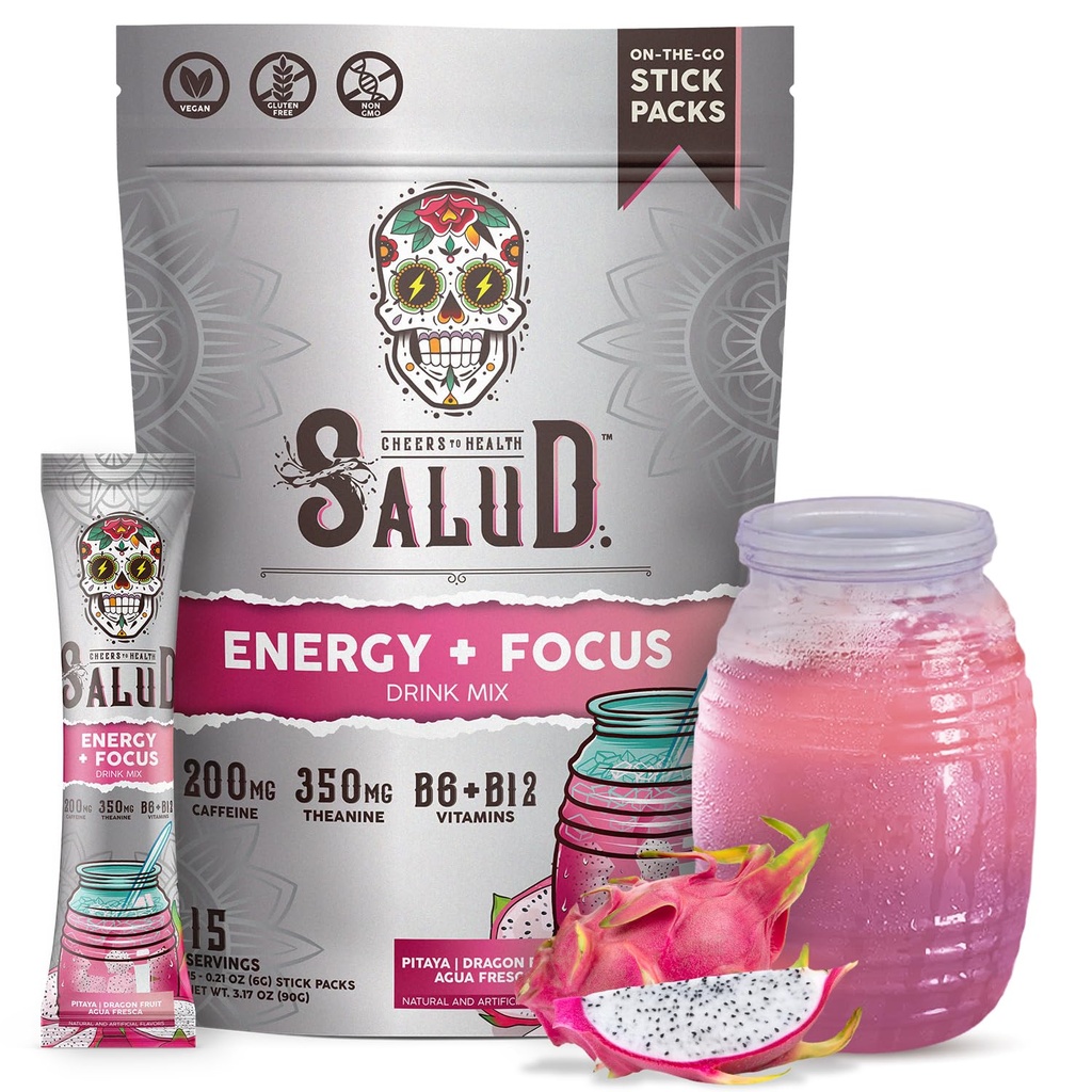 Salud 2-in-1 energiajoogi pulber + fookus, lohepuuvili, orgaaniline kofeiin, B6 + B12, Theanine, puhta energia joogipaketid, Pitaya Agua Fresca Mix, GMO-vaba, vegan, 1 g suhkrut, (15 serveerimist)
