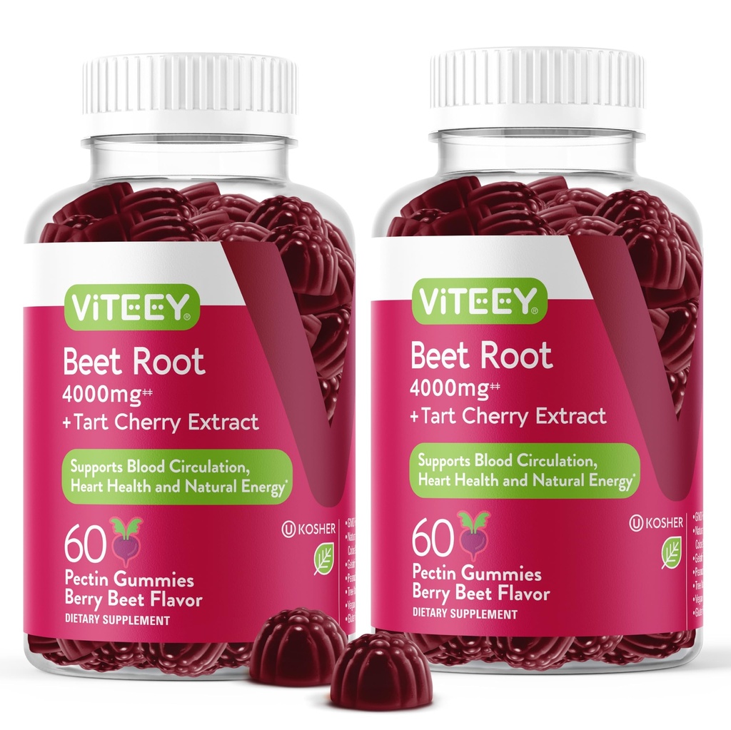 Viteey Beet Root Gummis Tart Cherry - Beetroot Supplement südame tervise, vererõhu toetamine - Vegan, Gluteenivaba - 120 Count