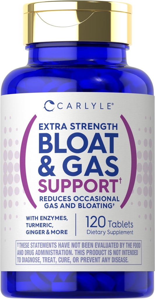 Carlyle Bloat & Gas Support meestele ja naistele | 120 tabletti | Extra tugevus pillid | Lisa ensüümid, kurkum, ingver & More | Mitte-GMO ja taimetoitlane valem