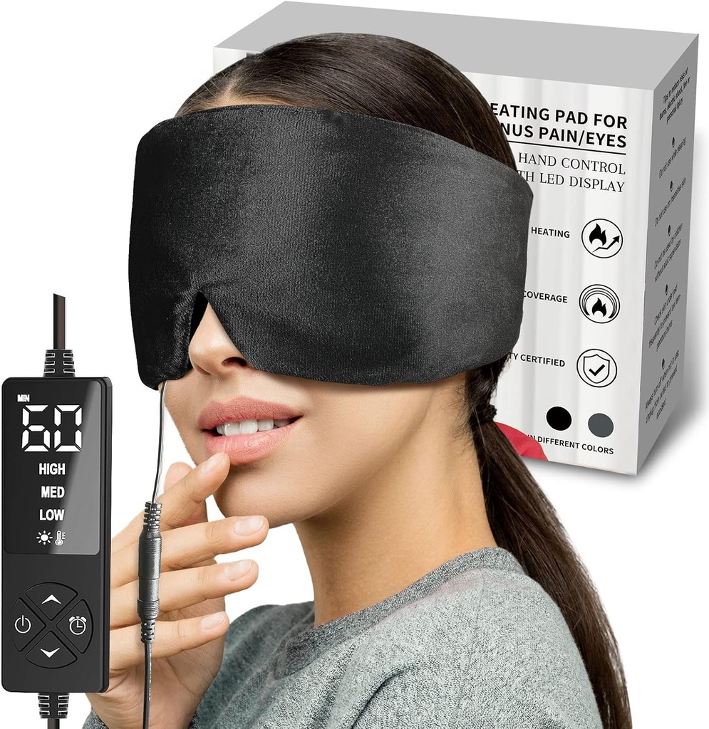 Sticro Hated Eye Mask koos eriti suure suurusega kuivadele silmadele ja siinuse rõhuvabastusele, Ultra Soft Face Küttepadi pingepeavalu leevendamiseks, Lõua TMJ Valu leevendamine - 3 Soojus ja 5 Ajastuse seadistused (must)