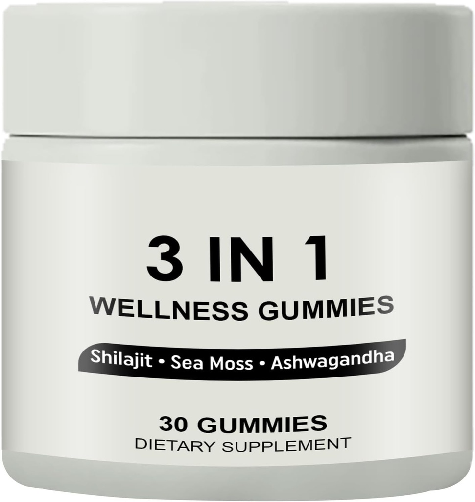 3 in 1 Gummies, 3 in 1 Shilajit Gummies for Men, Pure Shilajit Wellness Gummies (Shilajit + Sea Moss + Ashwagandha), Shilajit Gummies for Men, Non-GMO