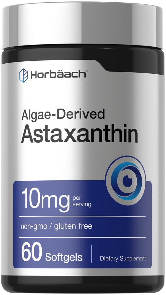 Horbäach Astaxanthin Supplements | 10mg | 60 Softgels | Vetikatest tuletatud valem | Non-GMO, Gluteenivaba