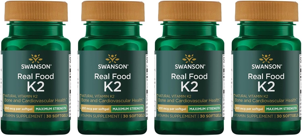 Swanson Maksimaalne tugevus Vitamiin K2 (Menakinoon-7)-vitamiini täiendus, mis toetab südame-veresoonkonna ja luude tervist, mis on valmistatud Jaapani Nattost, et aidata reguleerida kaltsiumi (30 Softgels, 200mcg iga) (4 pakendit)