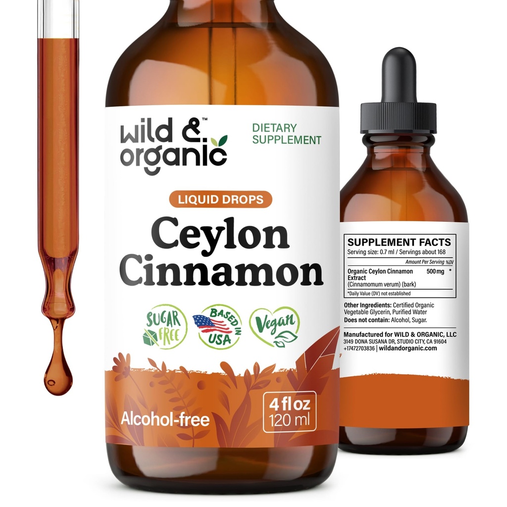 Wild & Organic Ceylon Cinnamon Tinktuur 500 mg - Vedelad kaneelilisandid üldiseks toetuseks - Cinnamomum Verum Bark ekstrakt - Vegan, suhkur ja alkoholivaba, mitte-GMO - 4 fl oz