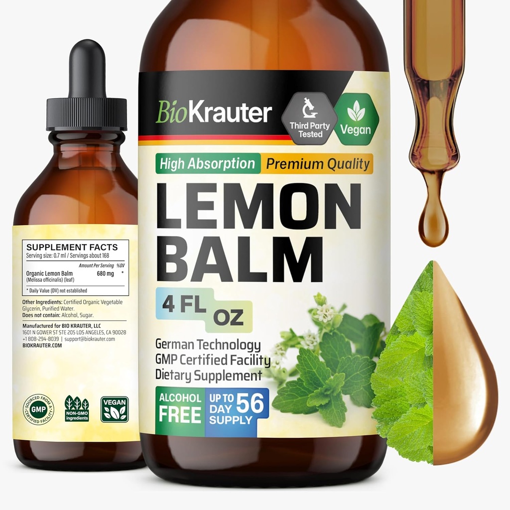 BIO KRAUTER Sidrun Balm Leaf Extract - Vegan Melissa Lemon Balm Tinktuur rahulikkuse toetamiseks - suhkur ja alkoholivaba - 4 Fl. Oz.