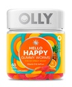 OLLY Hello Happy Gummy Worms, meeleolu tasakaalu toetus, D-vitamiin, safran, täiskasvanute närimislisand, troopiline tsing - 60 loend