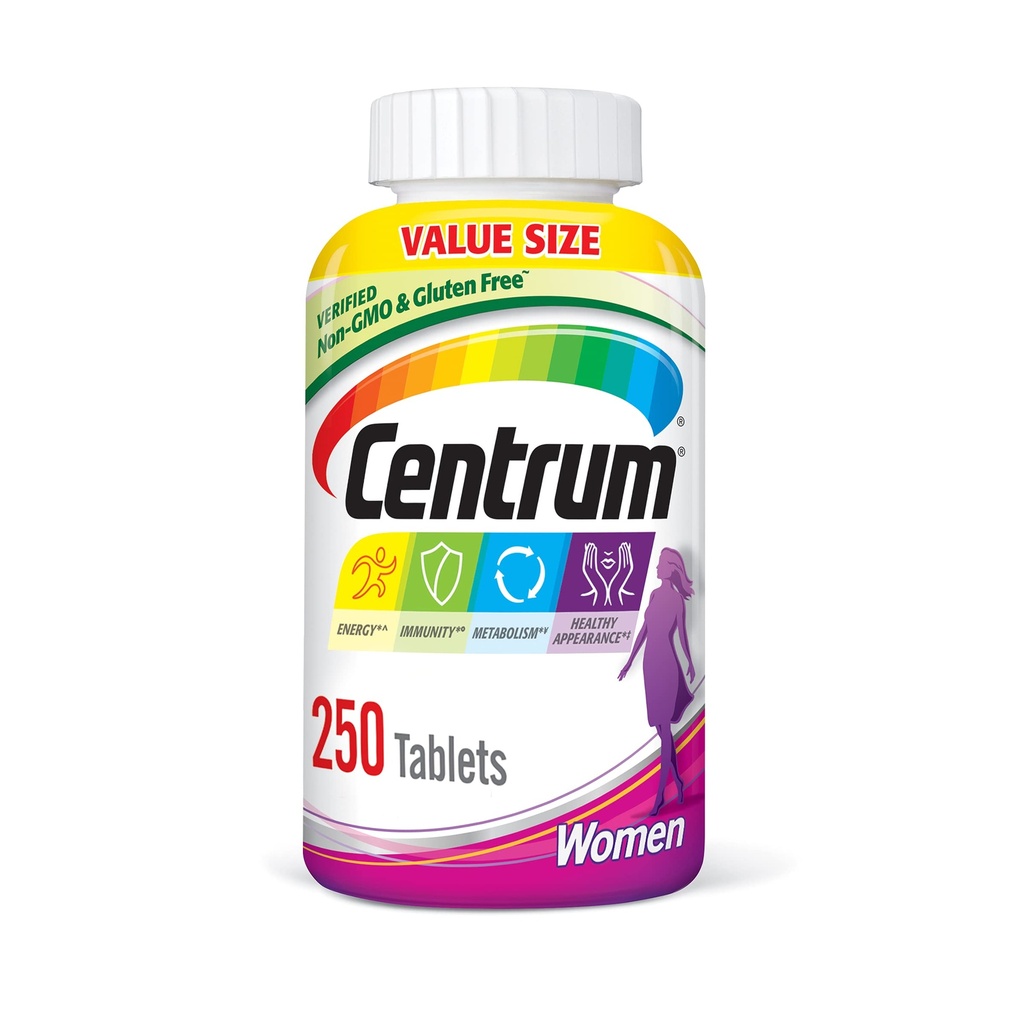 Centrum multivitamiini naistele, multivitamiini / multimineraalne toidulisand koos raua, D3-vitamiini, B-vitamiinide ja antioksüdantsete vitamiinidega C ja E, tablett, gluteenivaba, mitte-GMO koostisosad - 250 loend