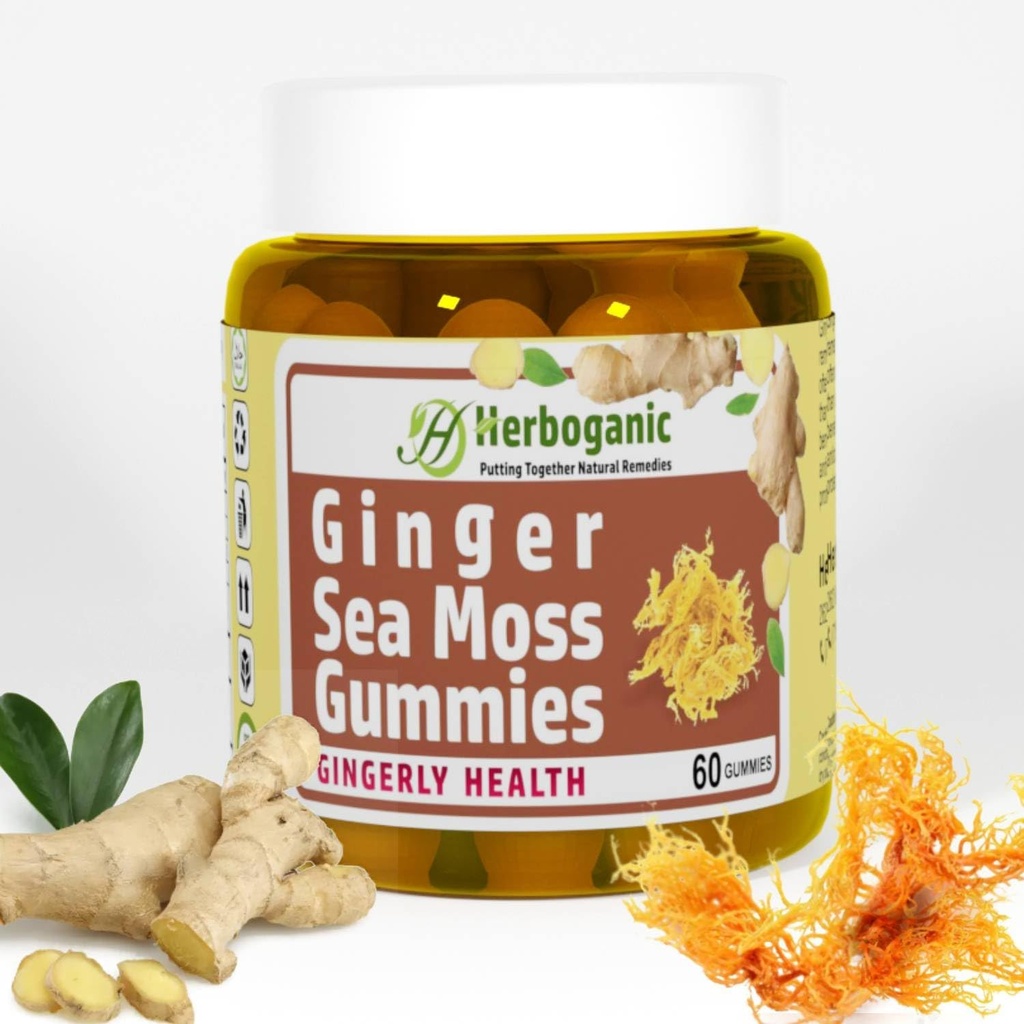 HERBOGANIC Ingver Sea Moss Gummies - Taimne toetus immuunsüsteemile ja seedetrakti tervisele - Taimetoit, Gluteenivaba ja vegan-sõbralik - 60 krahv