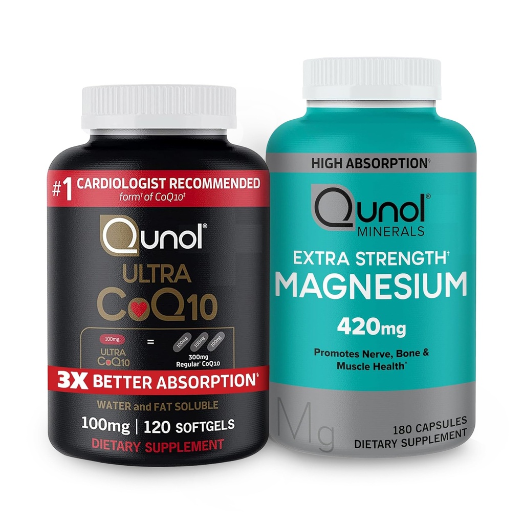 Qunol CoQ10 100mg Softgels, 3X parem imendumine 4 kuu tarne + 120 Arv Magneesium Glütsinaat Kapslid 420mg, kõrge neeldumine Magneesium Supplement, 180 Count