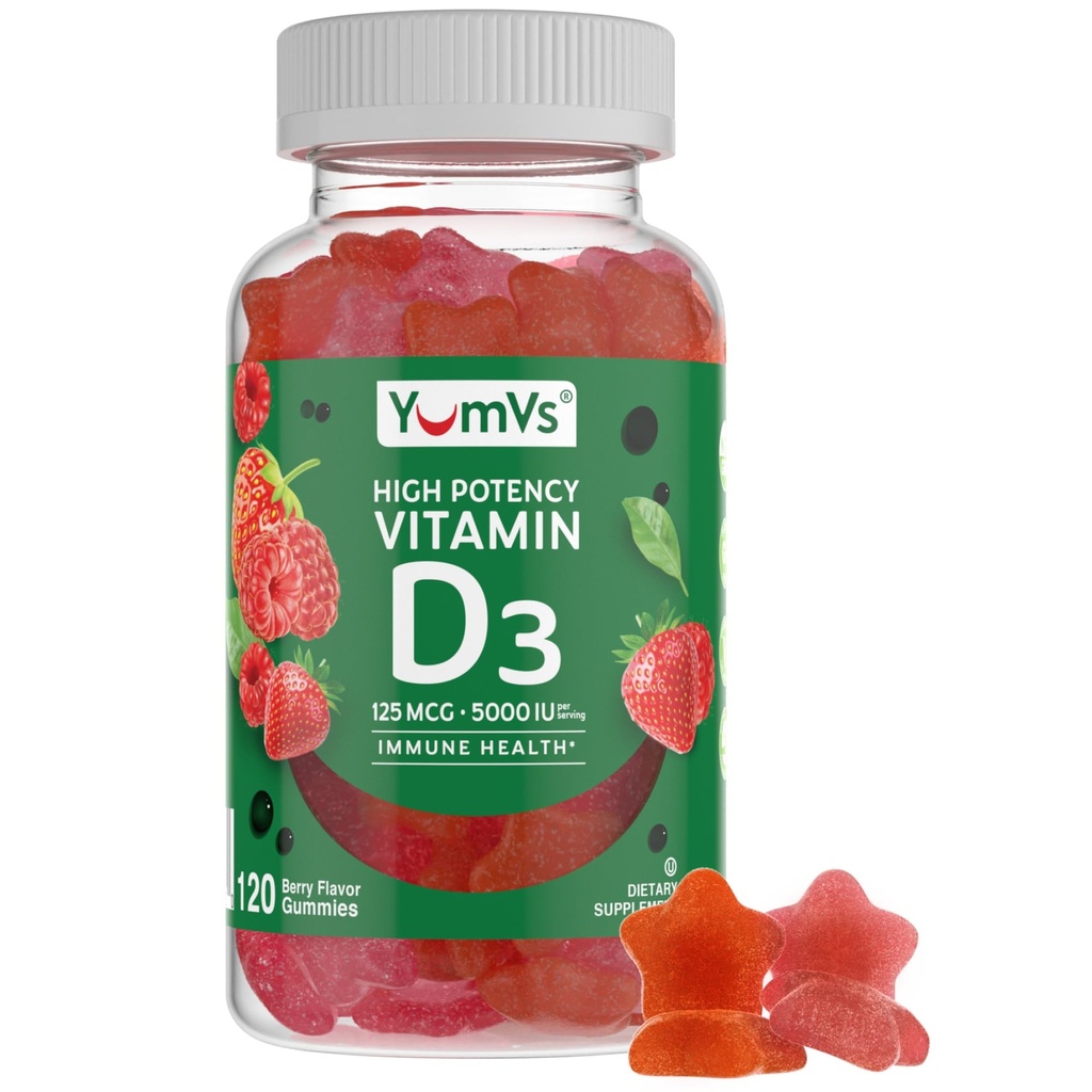 Vitamiin D3 Gummies 5000 RÜ 125mcg D3 Gummies - toetada immuunsüsteemi toetus, tugev luude tervis - Mitte-GMO, Gluteenivaba, piimavaba, D-vitamiini kummi (120 loend)