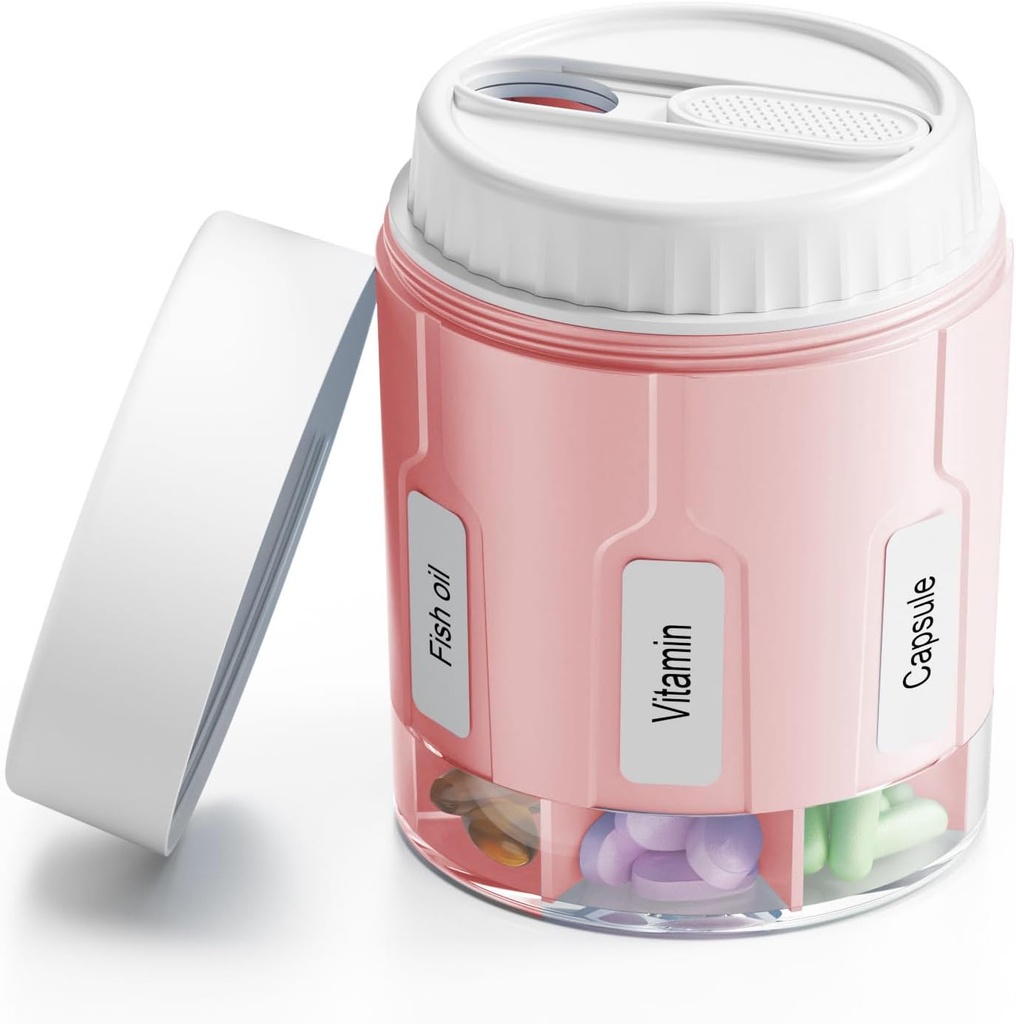Daviky Pill Pudeli Korraldaja, Täiendus Korraldaja 7 Suurt Komparts, Travel Pill Dispenser Ümmargune Pill Box Kaks Lids (Pink +) Valge