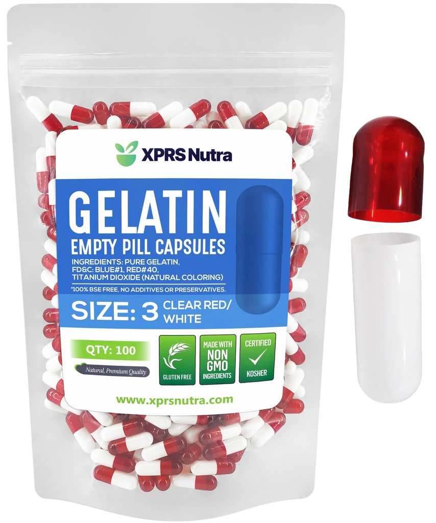 XPRS Nutra suurus 3 Tühja kapslit - 100 loend Tühjad želatiinkapslid - Pillid DIY kapsli täitmine - Puhas Veise geel Kapslid Täidetavad Do-It-Yourself vitamiinide ja toidulisandite jaoks (Clear Red / White)