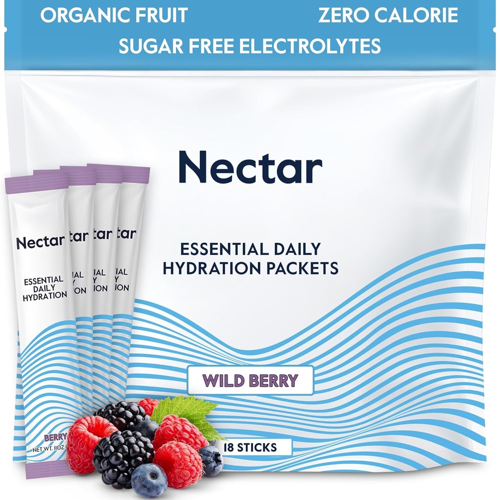 Nectar Hydration Packets - Elektrolüütide pulbripaketid - Ei Suhkrut ega Kaloreid - Orgaaniline puuviljavedelik Igapäevane IV hüdraadipakett dehüdratsiooni leevendamiseks ja kiireks rehüdreerimiseks (Berry 18 Pack)