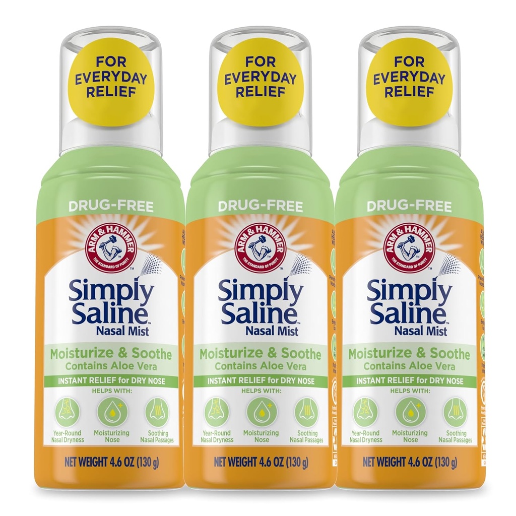 Arm & Hammer Lihtsalt soolalahus Niisutav ja Soothe Nasaalne udu, Ravimivaba niisutav soolalahus Nasaalse pihusti koheseks leevendamiseks kuiv nina, 4.6 Oz (130 g), 3 Pack