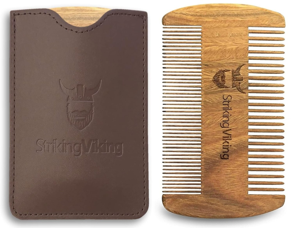 Viking Sandalwood Beard Comb & Case - tasku suurusega hooldusvahend peente ja jämedate hammastega, ideaalne kasutamiseks palsamite ja õlidega