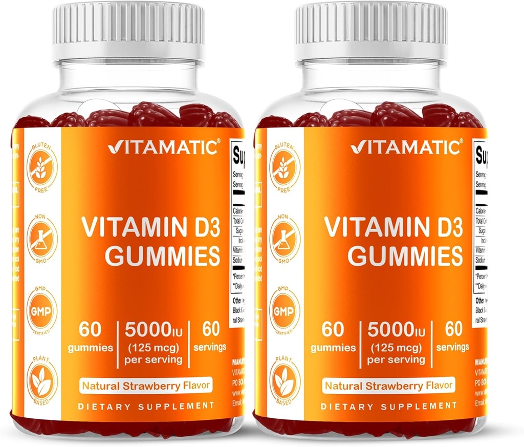 Vitamatic Vitamatic Vitamiin D3 Gummies – 5000 RÜ Iga Gummy | 60 Gummies Iga Pudel | Pakend 2 (kokku 120 Loe) Hea Maitse | Toetab Luud, Hambad, Mood, Liigeste Ja Immuuntervise
