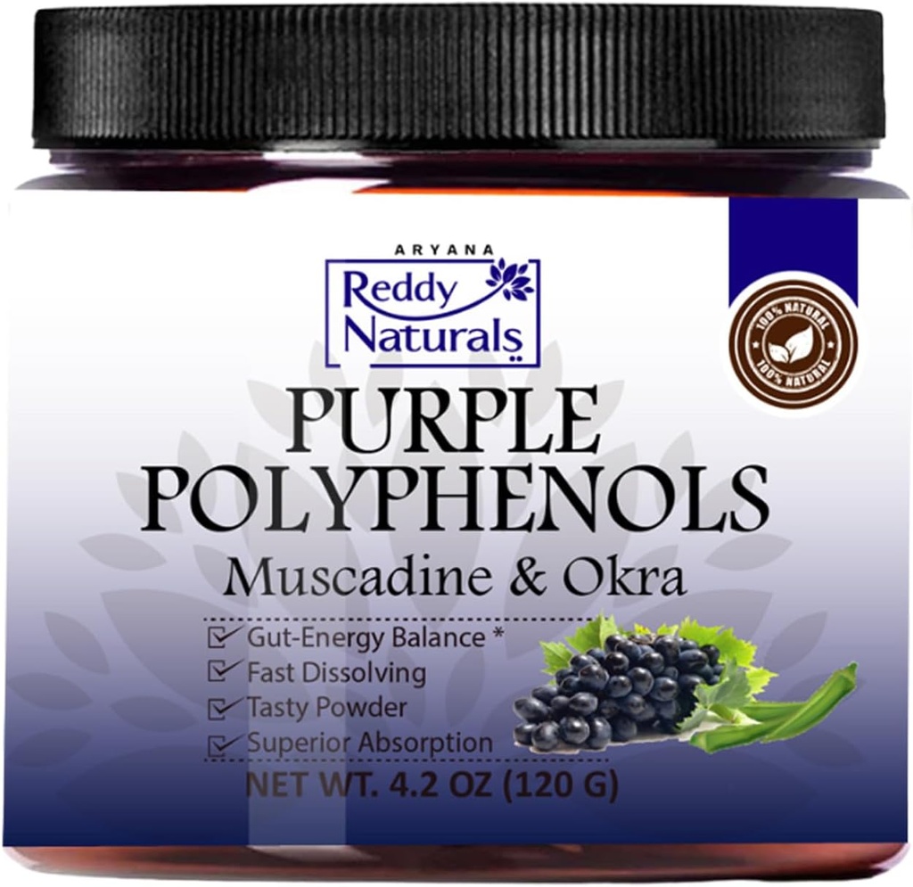 Reddy Naturals - Purple Polyphenols Supplement with Muscadine Grape Seed Extract - Natural Gut Health Support Powder with Okra Extract, Antioxidant Blend for Energy & Digestive Health (30 Servings)