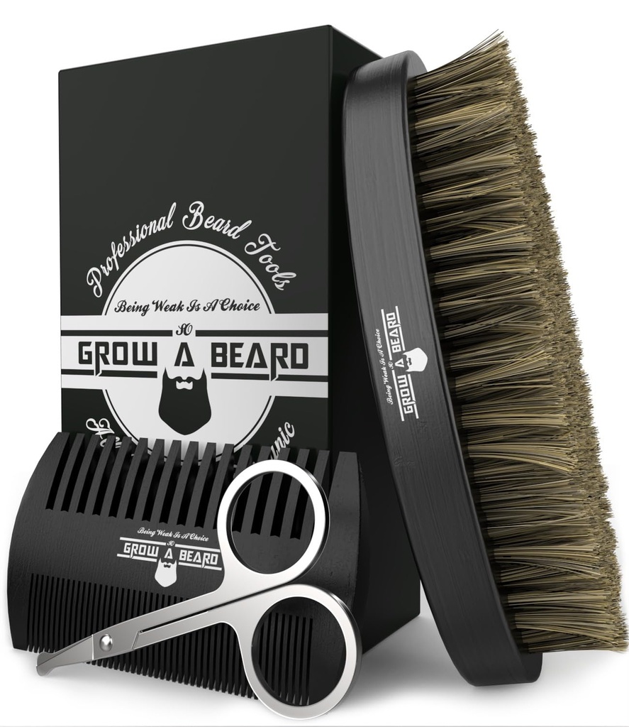Habemeharja meestele ja habemekammi komplekti w /Mustache Käärid Hoolduskomplekt, Natural Boar Bristle Brush, Dual Action Wood Comb ja reisikott suurepärane jõulukingiks