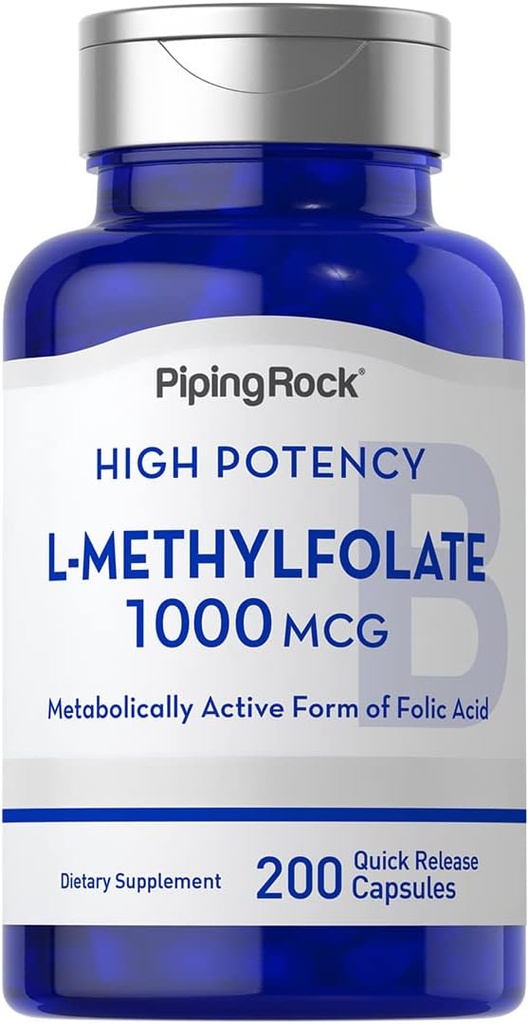 Piping Rock L Methylfolate Supplement | 1000 mcg | 200 kapslit | Foolhappe aktiivne vorm | Mitte-GMO, Gluteenivaba