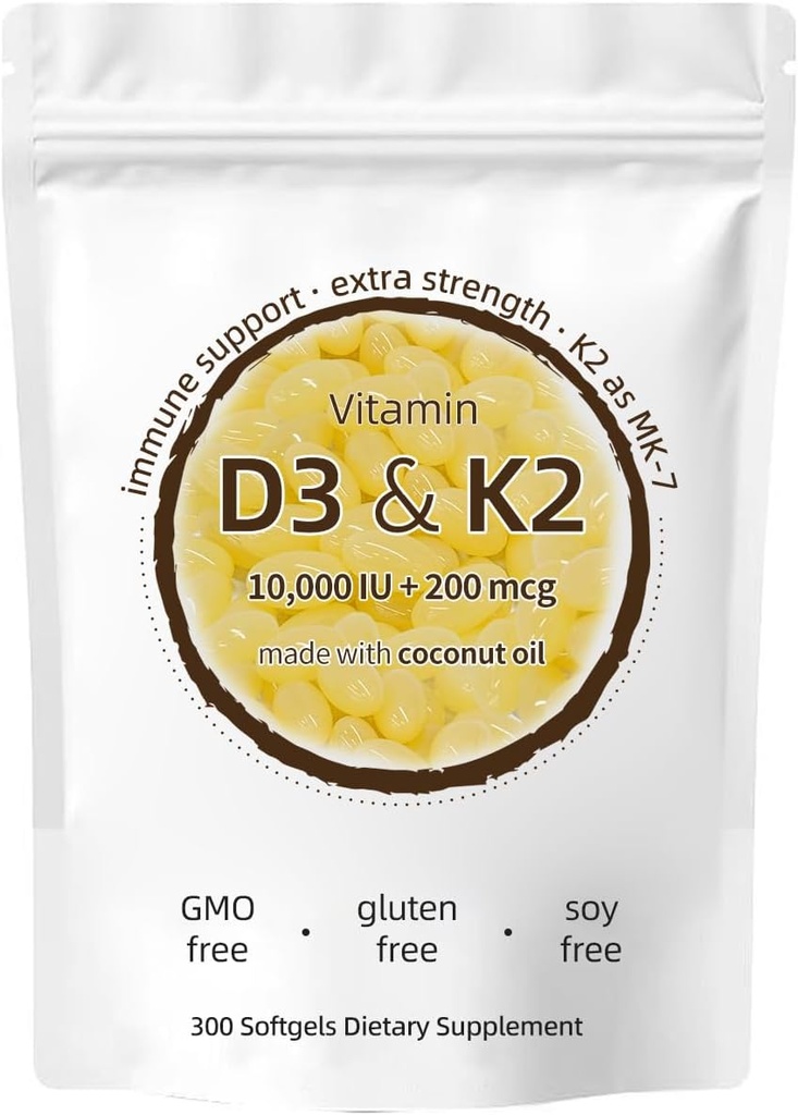 Vitamiin D3 K2 Lisand, 10000 IU D3 + 200 MCG K2, 300 Softgels, Mitte-GMO, Gluteenivaba